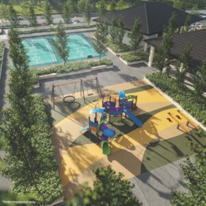 Colorful outdoor playground with a multi structure climbing frame slides swings and a yellow rubber surface next to a green badminton court and trees at Daffodil Residency Puncak Alam