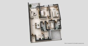 D floor plan of Daffodil Residency Puncak Alam with living room dining area kitchen yard lobby three bedrooms master with ensuite two bathrooms and balcony