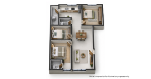 Top down D floor plan of a three bedroom rumah selangorku Residensi Pinang rsku puncak alam living room and dining area center kitchen top bedrooms around edges two bathrooms and a yard