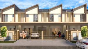 Row of modern  storey superlink homes with gated parking in front and people near parked cars under a blue sky at new launch Sungai Buloh Selasih